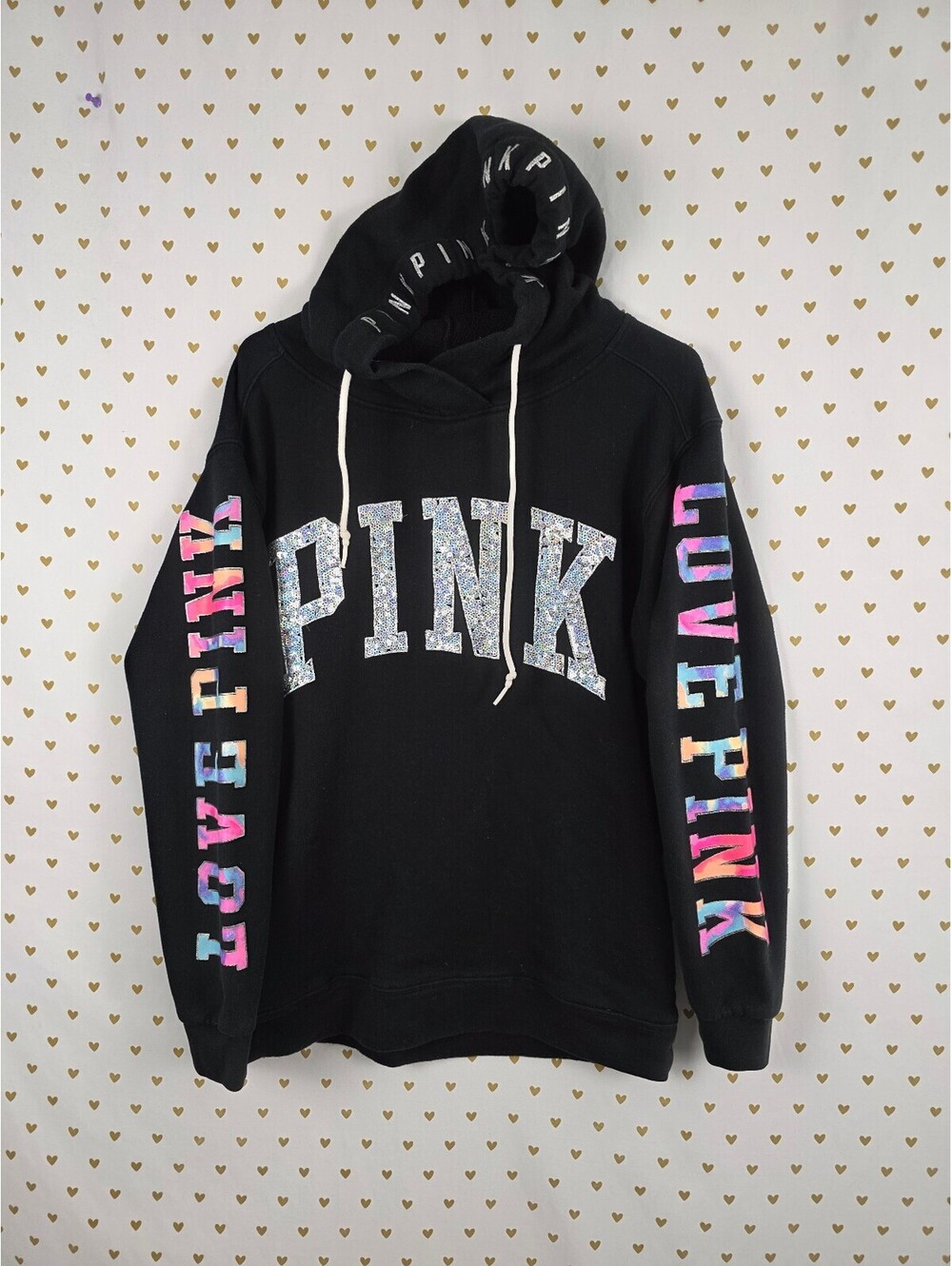 Victorias Secret Pink Watercolor Bling Rainbow Hoodie Sequined Pullover Medium
